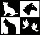 A black and white picture of animals in squares.